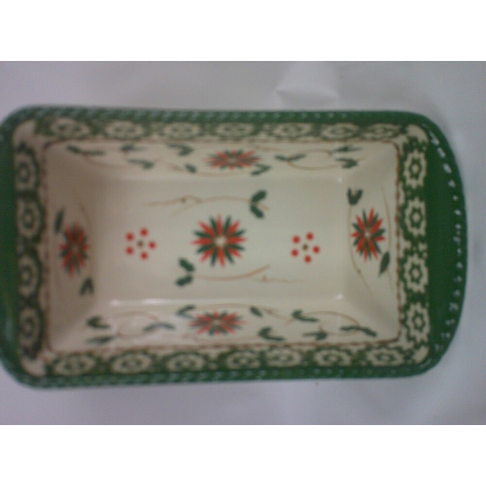 Temptations Old World Ovenware Mini Loaf Pan Green Poinsettia w Lid Christmas - Picture 3 of 4